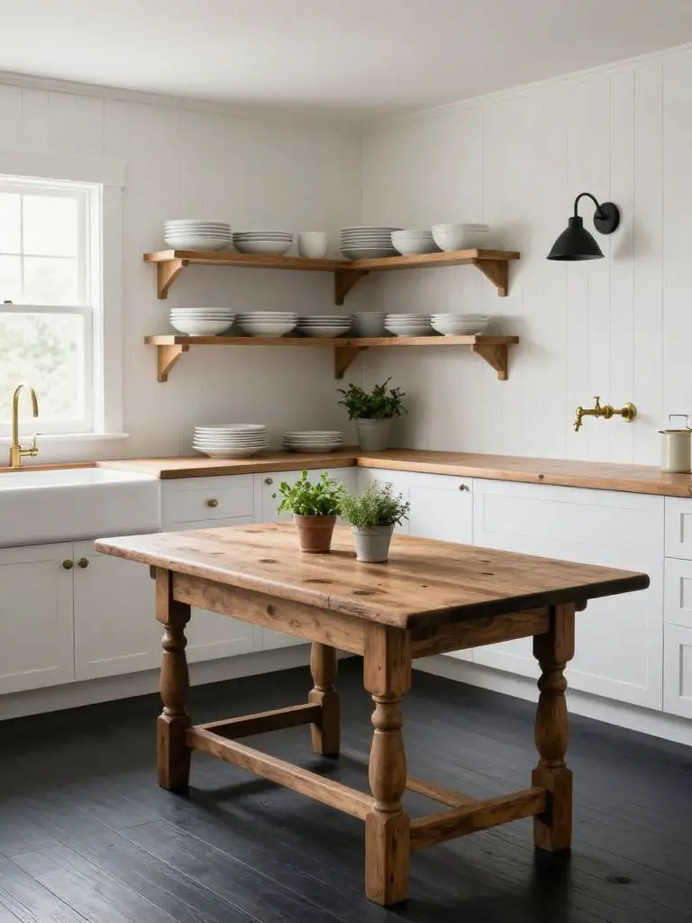 A vintage-inspired rustic kitchen in Traditional Country style featuring an antique wood dining table centered within white paneled walls.