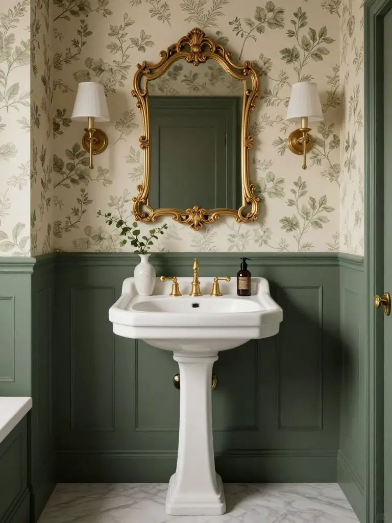 A vintage-inspired powder room with deep sage paneling and floral wallpaper above the chair rail in muted cream and forest green tones.