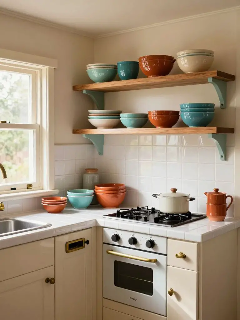 A vintage-inspired tiny home kitchen with white tile countertops, open shelving filled with colorful ceramic bowls, and a compact retro stov.