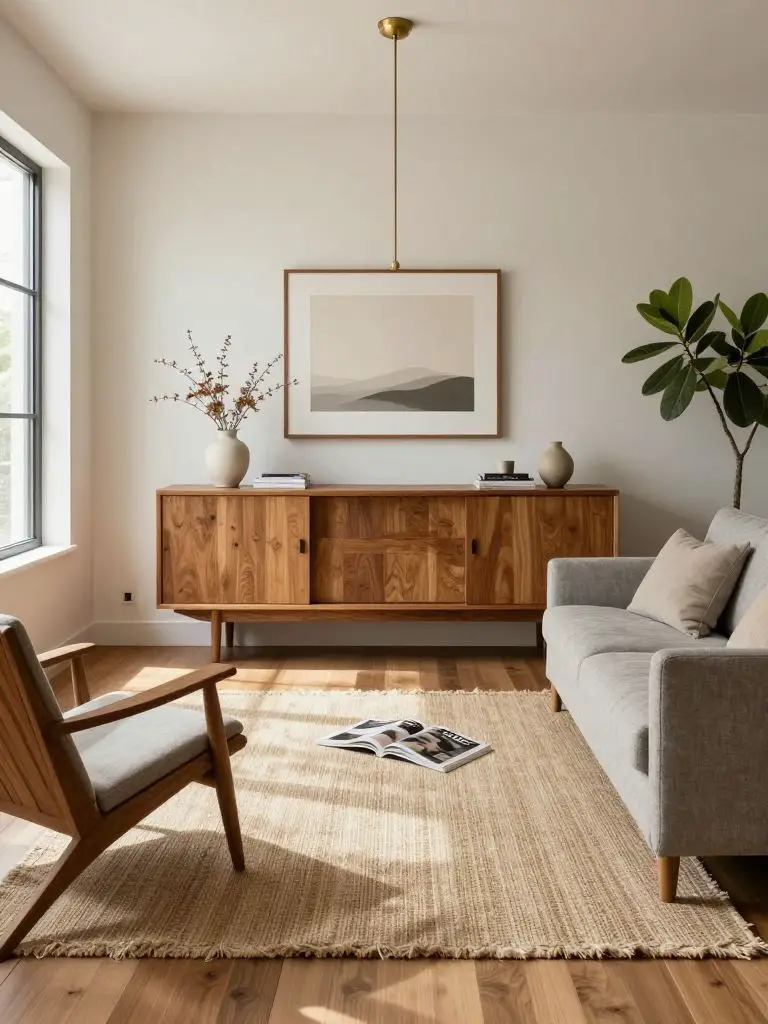 Timeless sustainable living room featuring vintage-inspired solid wood furniture and natural textiles.