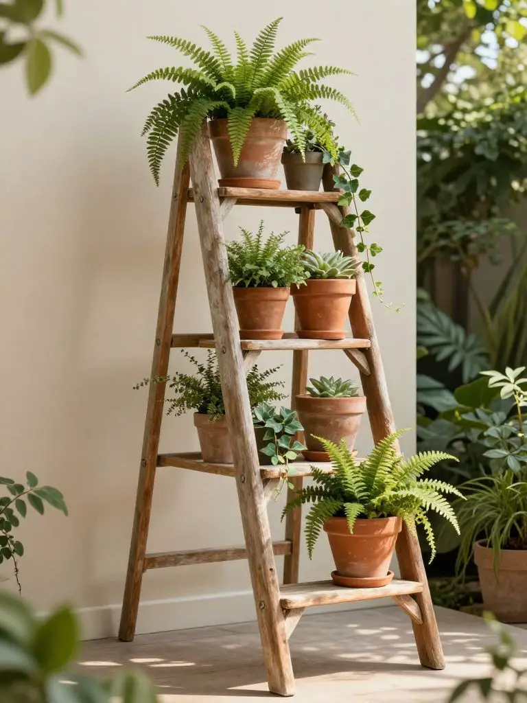 A vertical garden vignette showcasing a vintage wooden ladder repurposed as a plant stand, styled in Warm Minimalist and rustic farmhouse ou.