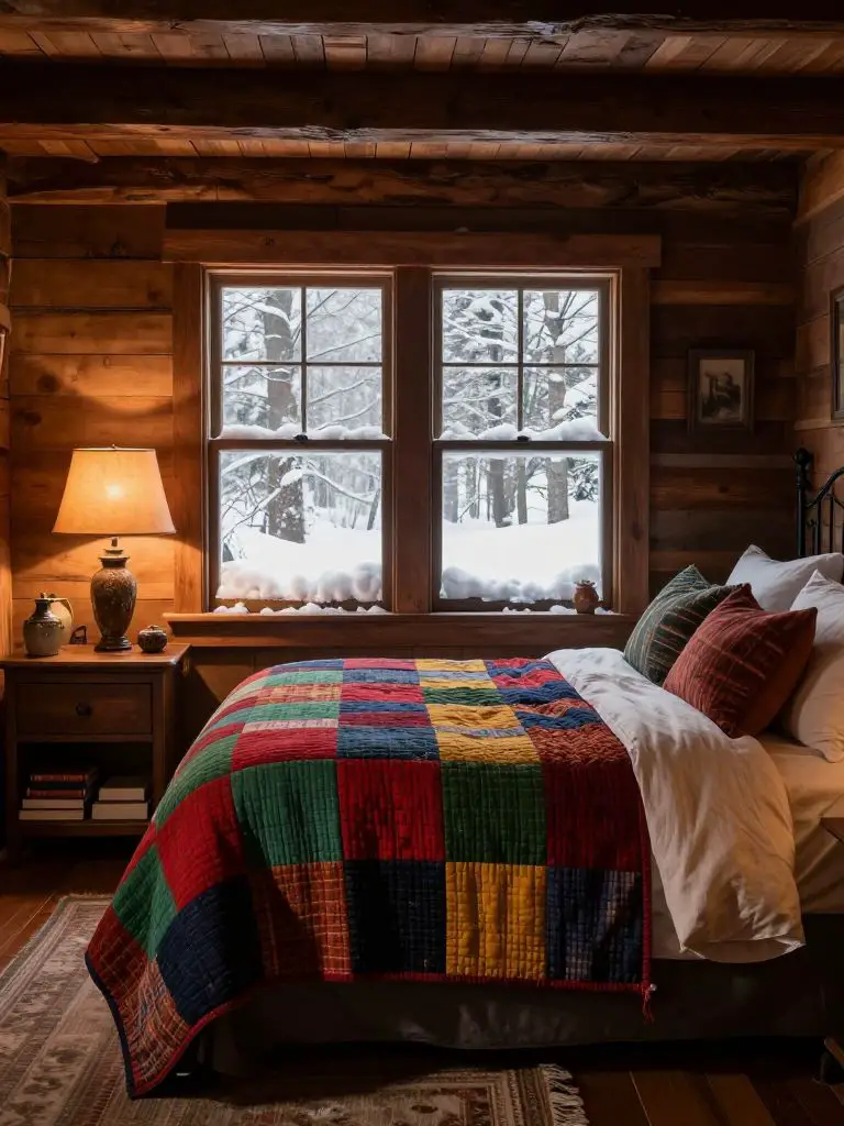 A vintage-inspired winter cabin decor bedroom styled in classic rustic charm, featuring dark timber beams and a wooden bed frame centered be.