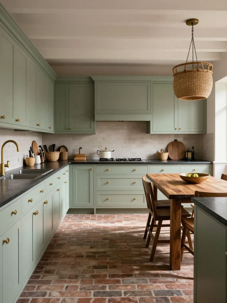 A vintage-inspired earthy kitchen featuring muted sage green cabinetry paired with aged brass knobs and dark soapstone countertops.