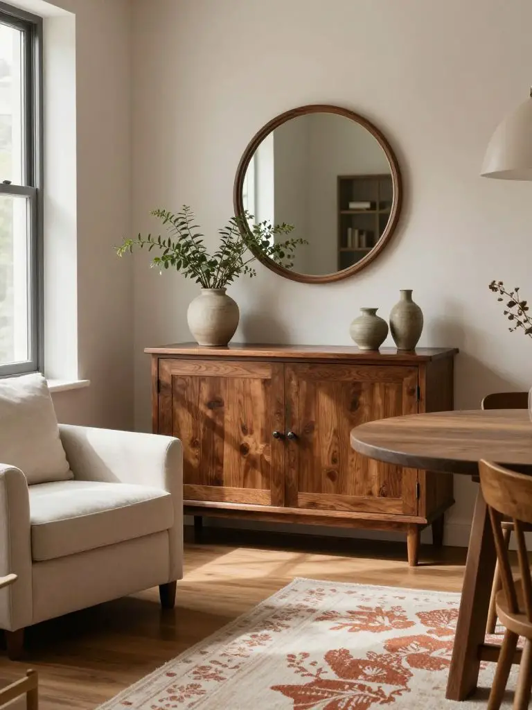 Sustainable corner styling featuring a refinished vintage solid wood console as the central focal point beneath a round wood-framed mirror.