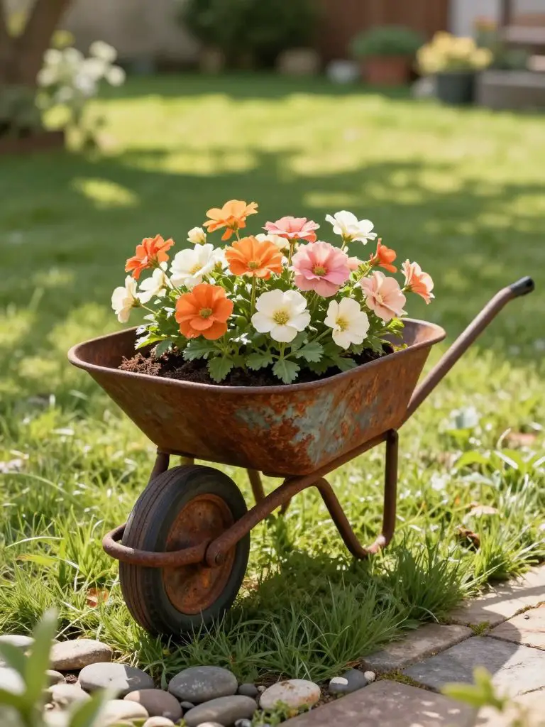 A charming small garden scene styled in Warm Minimalist cottage design, featuring a vintage rusted wheelbarrow repurposed as a flower plante.