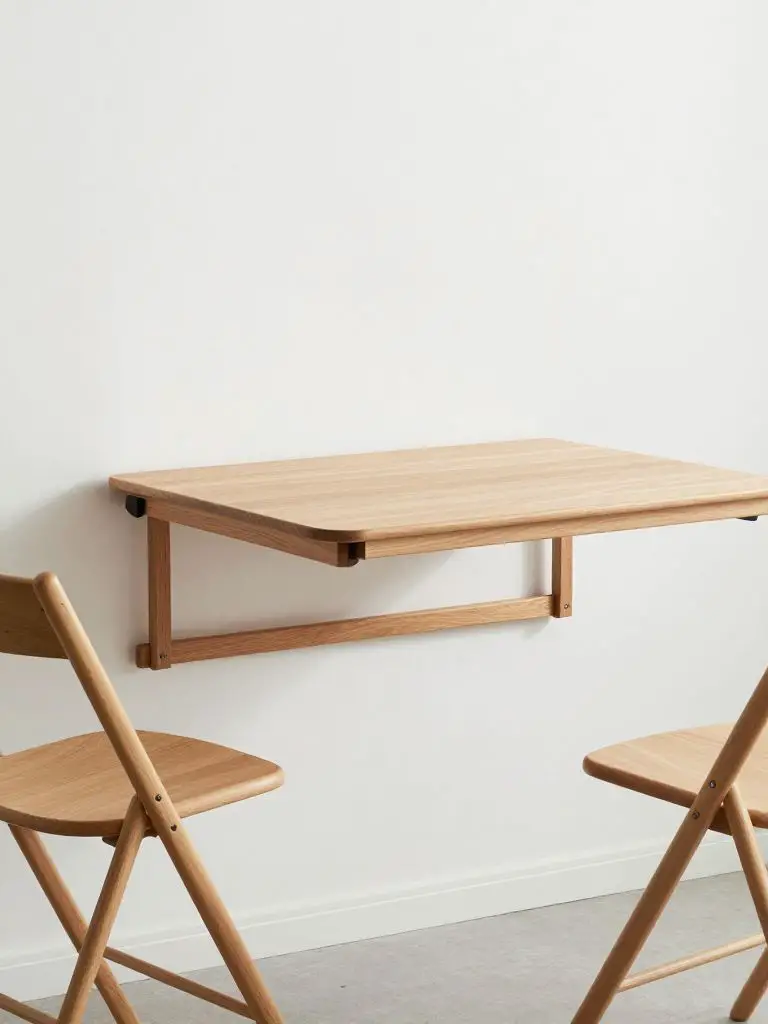 interior photography of wall-mounted foldable dining table in natural wood finish against white wall, table in down position creating dining.
