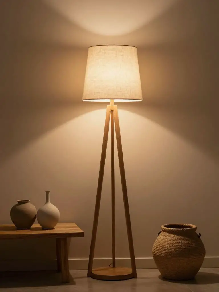 A warm ambient Japandi lighting corner featuring a tall sculptural floor lamp with a linen shade glowing softly against a smooth warm beige.