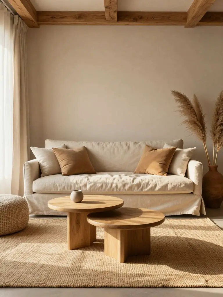 A warm beige minimalist neutral living room layered with soft natural textiles and sunlit charm.
