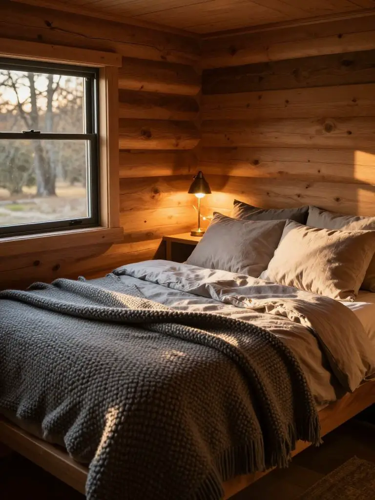A warm cabin-style off grid tiny house bedroom corner designed for cozy evenings.