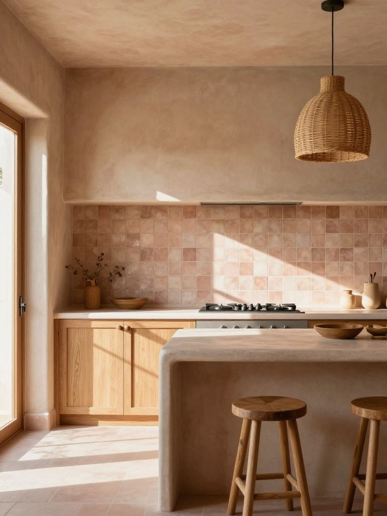 A warm clay earthy kitchen featuring textured square tile backsplash in soft blush and sand tones.