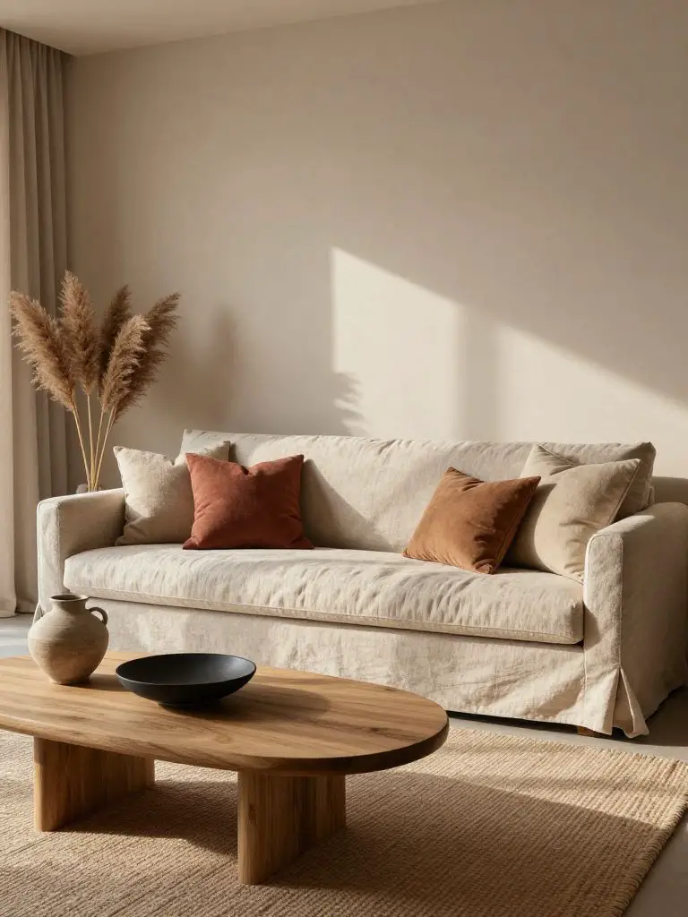 A warm neutral minimalist living room featuring a low-profile linen sofa styled with earthy accent pillows in clay, rust, and sandy beige to.