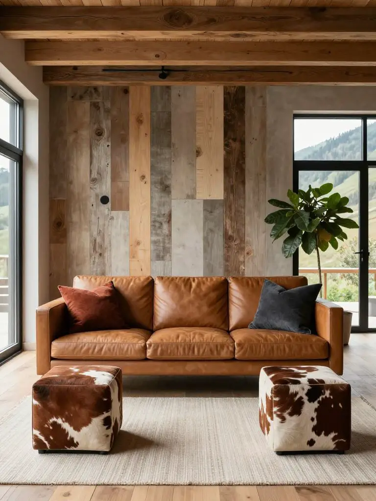 A contemporary mountain cottage sitting area styled in Warm Minimalist meets Rustic Modern design.
