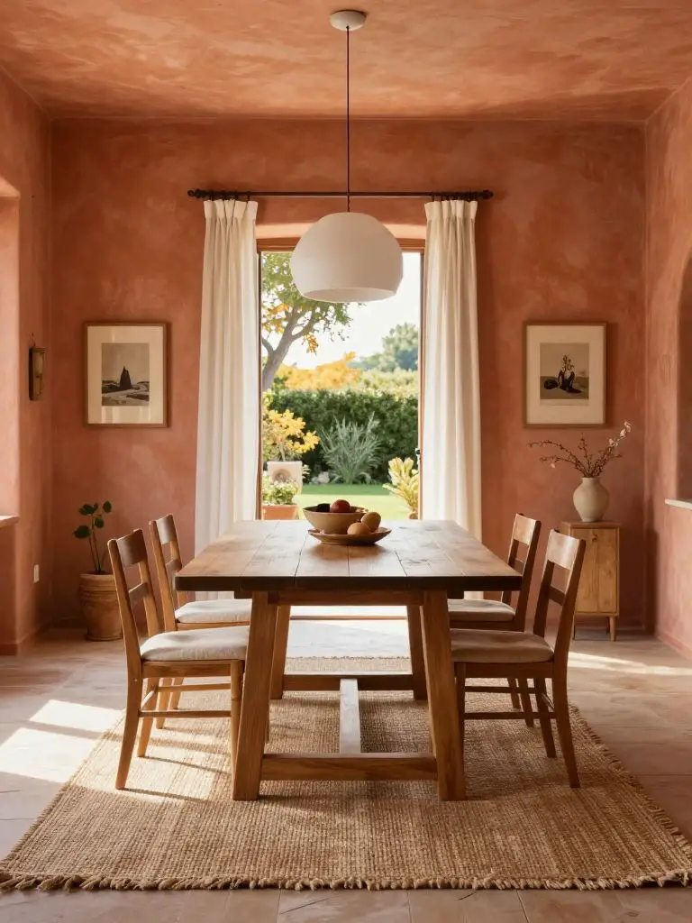 A warm Mediterranean rustic dining room in Tuscan Rustic style featuring terracotta plaster walls as the defining backdrop.