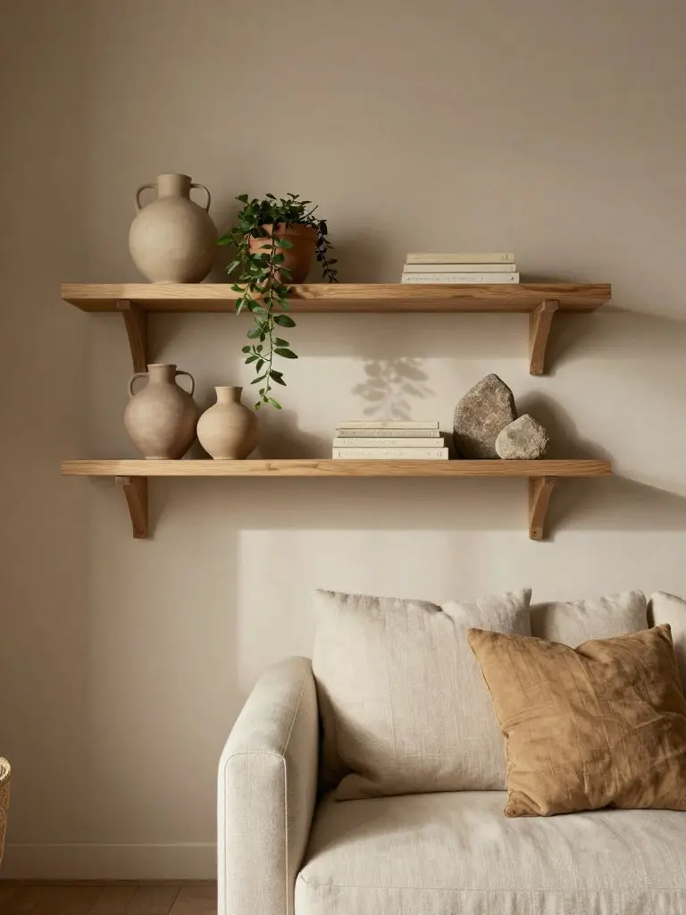 A cozy earthy living room corner featuring floating FSC oak shelves mounted on a soft warm beige wall, styled in a Warm Minimalist and Moder.