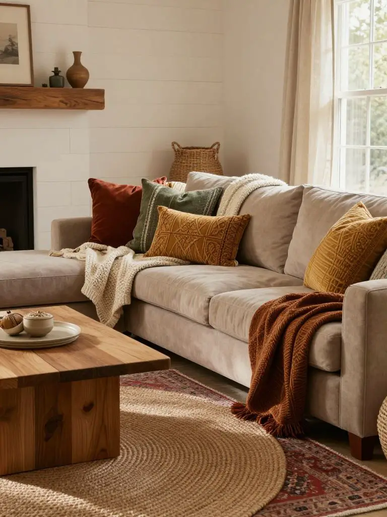 A warm neutral boho country living room showcasing layered throw blankets draped across a soft taupe sectional sofa.