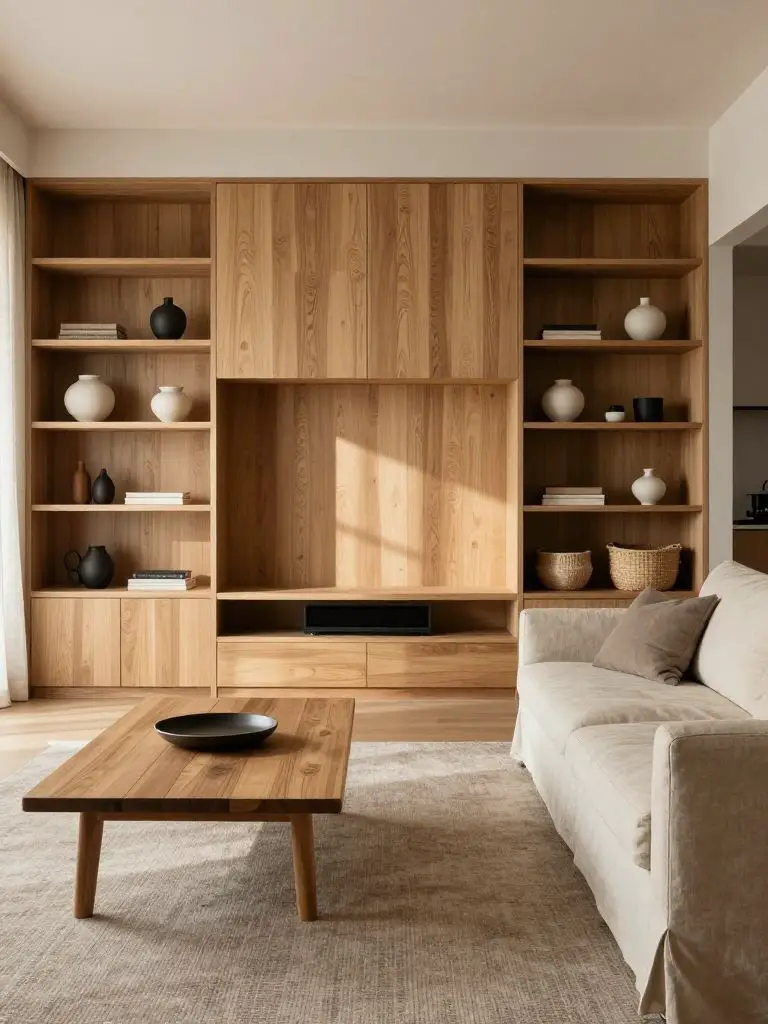 A warm neutral Japanese Scandinavian living room with built-in oak shelving and integrated media storage.