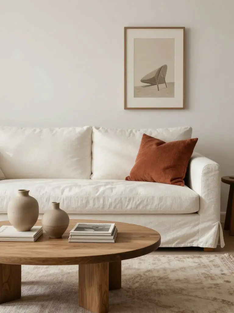 A warm neutral minimalist living room featuring a soft white sofa accented by a single rust-toned linen pillow for subtle contrast.
