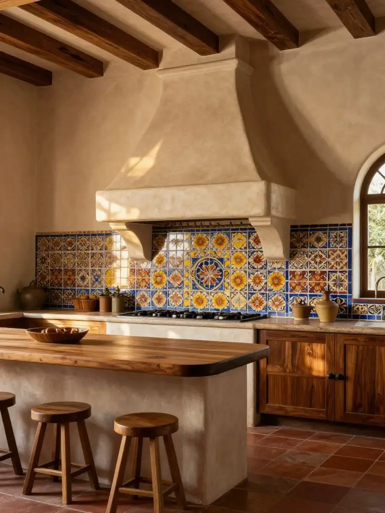 A warm Mexican Hacienda kitchen showcasing a sculpted plaster range hood in creamy ivory with subtle texture, positioned above a bold patter.