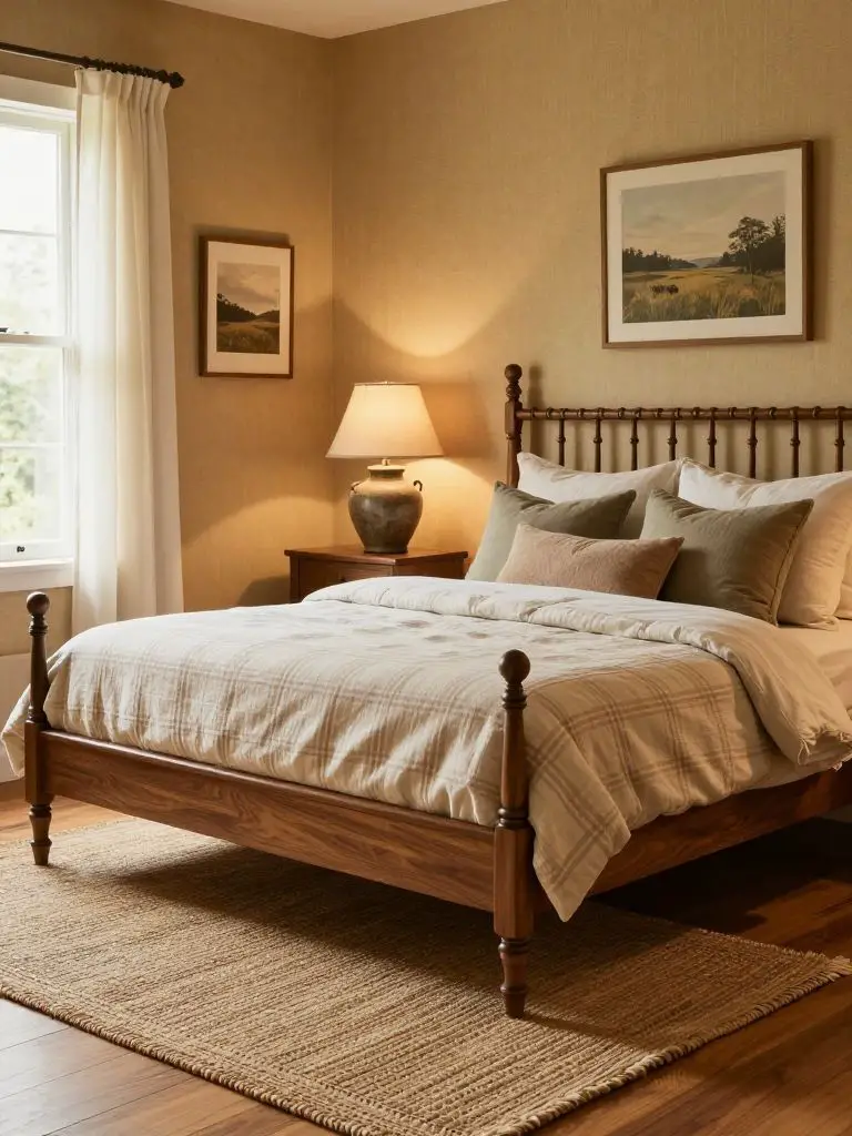 A warm rustic bedroom in Cozy Farmhouse style centered on a wooden spindle bed frame with rich walnut tones.