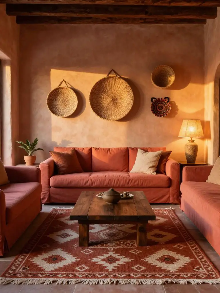 A warm sunset-toned Mexican living room with coral, terracotta, and clay-colored walls creating a cocooning ambiance.
