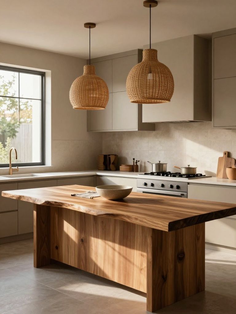 A warm taupe earthy kitchen featuring a sculptural live-edge wood island as the central focal point beneath two woven rattan pendant lights.