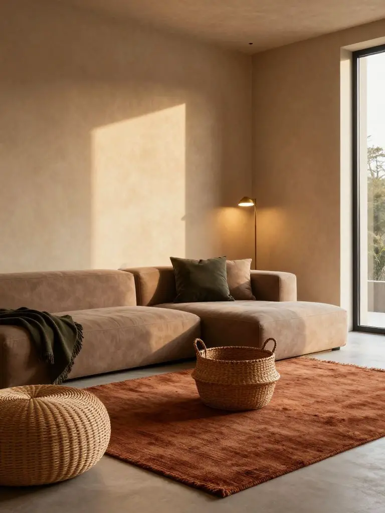 A warm modern earthy living room wrapped in soft beige plaster walls and layered terracotta textiles in a Warm Minimalist style.