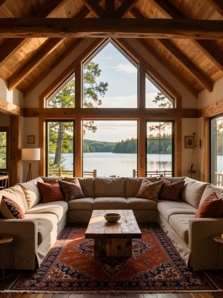 A warm timber great room featuring a dramatic triangular window wall overlooking a lake, paired with a richly patterned Persian-style rug in.