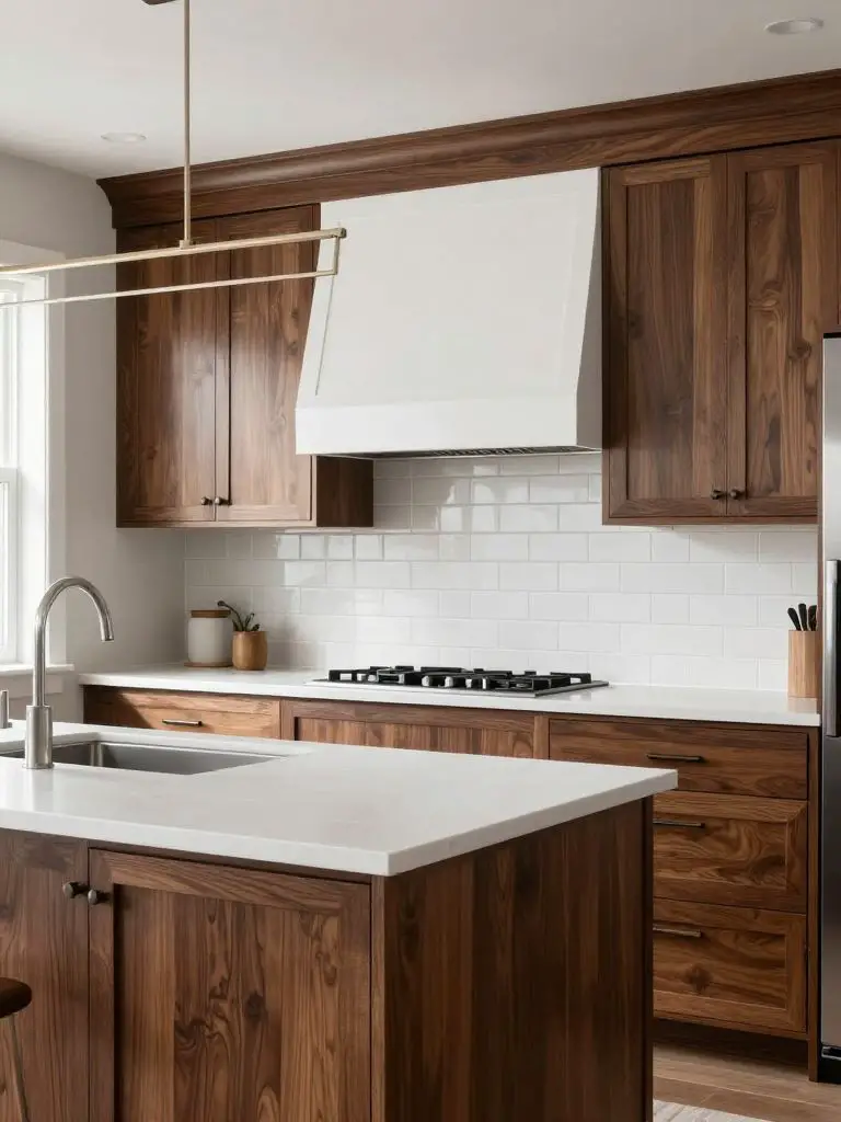Refined kitchen remodel featuring rich walnut-toned base cabinets paired with crisp white shaker upper cabinets as the central visual contra.