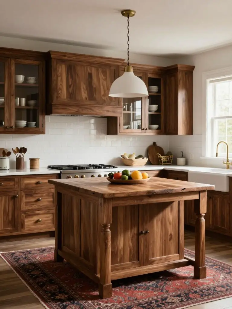 A warm modern rustic kitchen with rich walnut cabinetry and glass-front upper cabinets displaying neutral dishware.