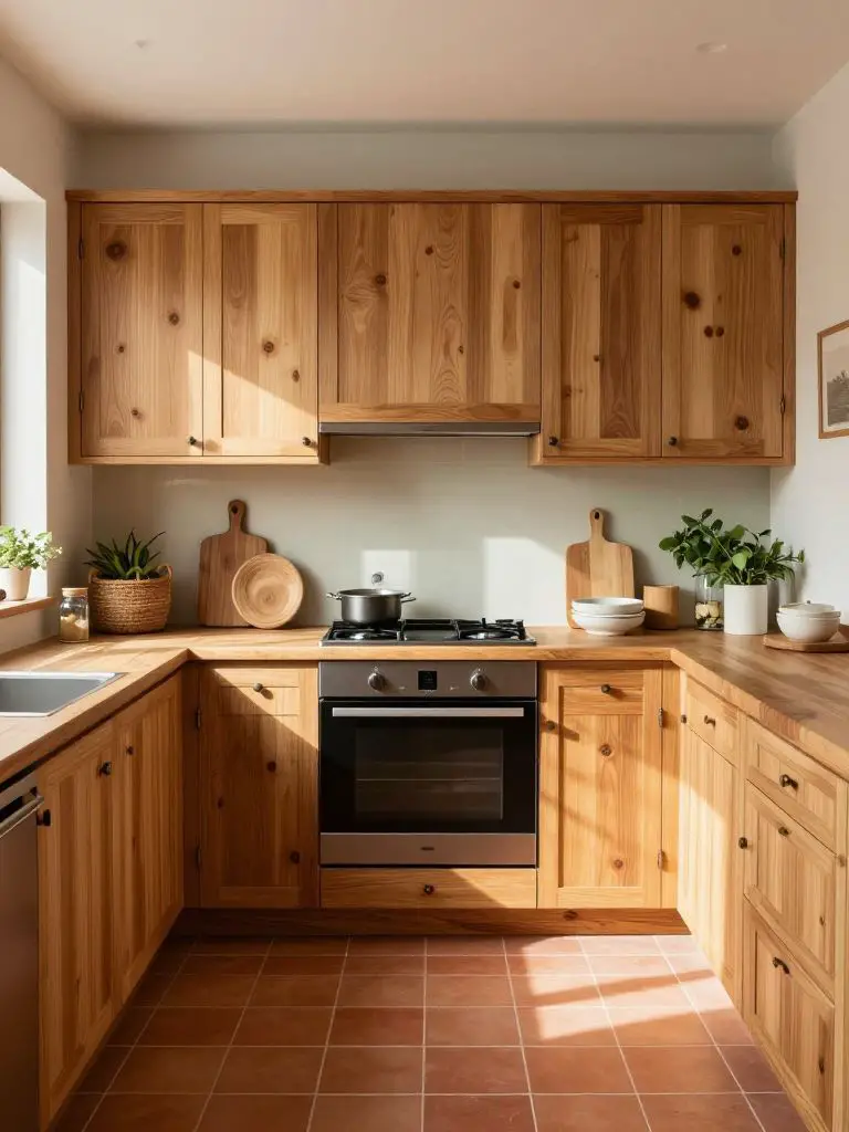 Create a warm sustainable kitchen with vertical wood panel cabinetry as the hero backdrop.