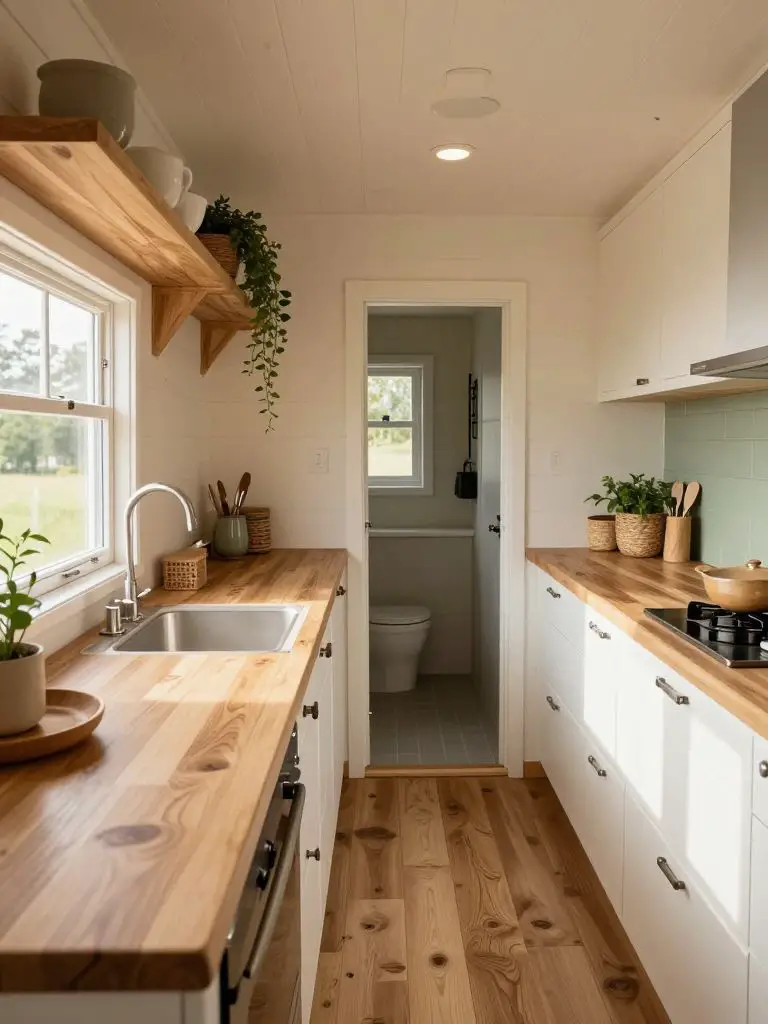 A warm wood galley tiny home kitchen designed in a Scandinavian Rustic blend with expansive oak countertop stretching along the left wall.