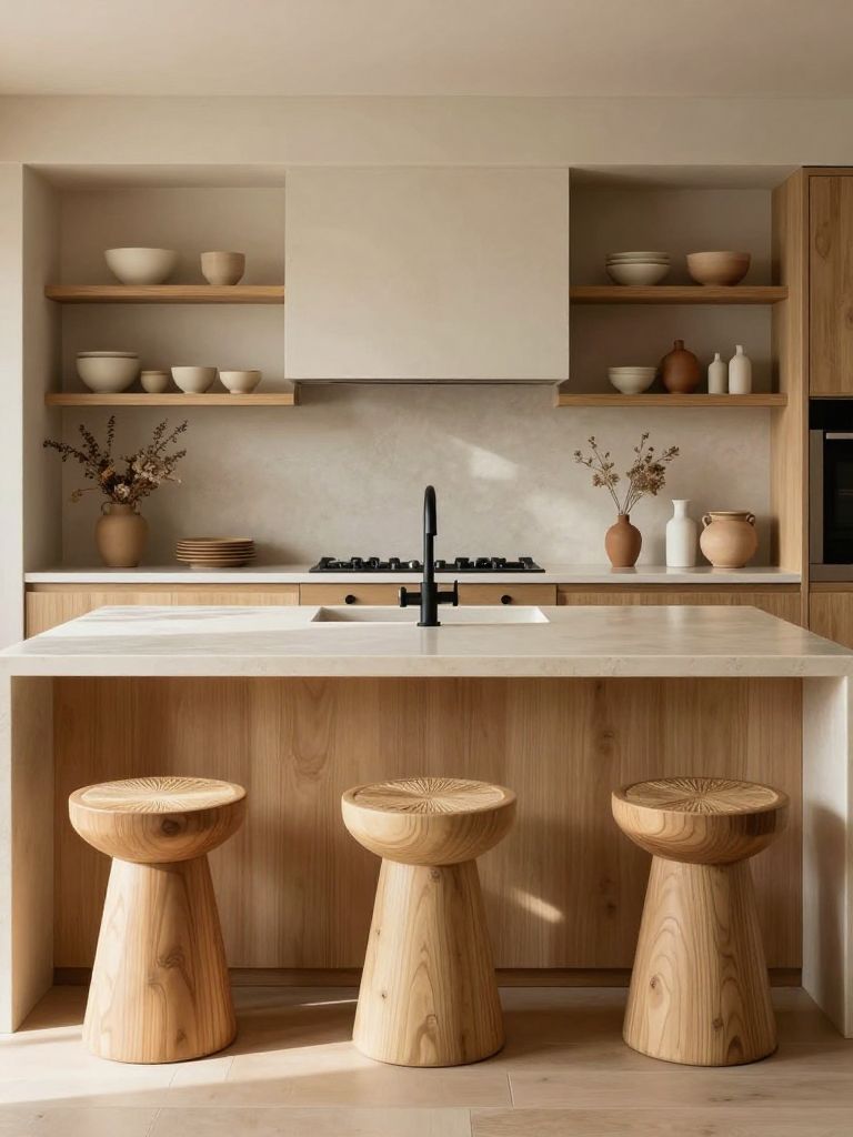An inviting earthy kitchen with a large light wood island topped in creamy quartz, blending warm minimalist and modern rustic style.