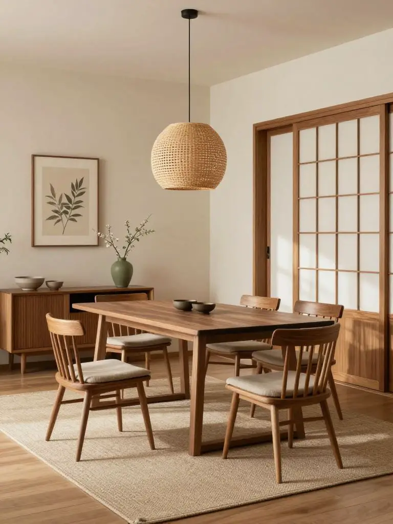A warm minimalist Japandi dining room featuring a rectangular walnut dining table positioned centrally on a neutral woven area rug.
