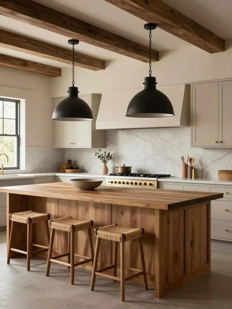 A spacious modern earthy kitchen anchored by a solid oak island in a Modern Rustic style.
