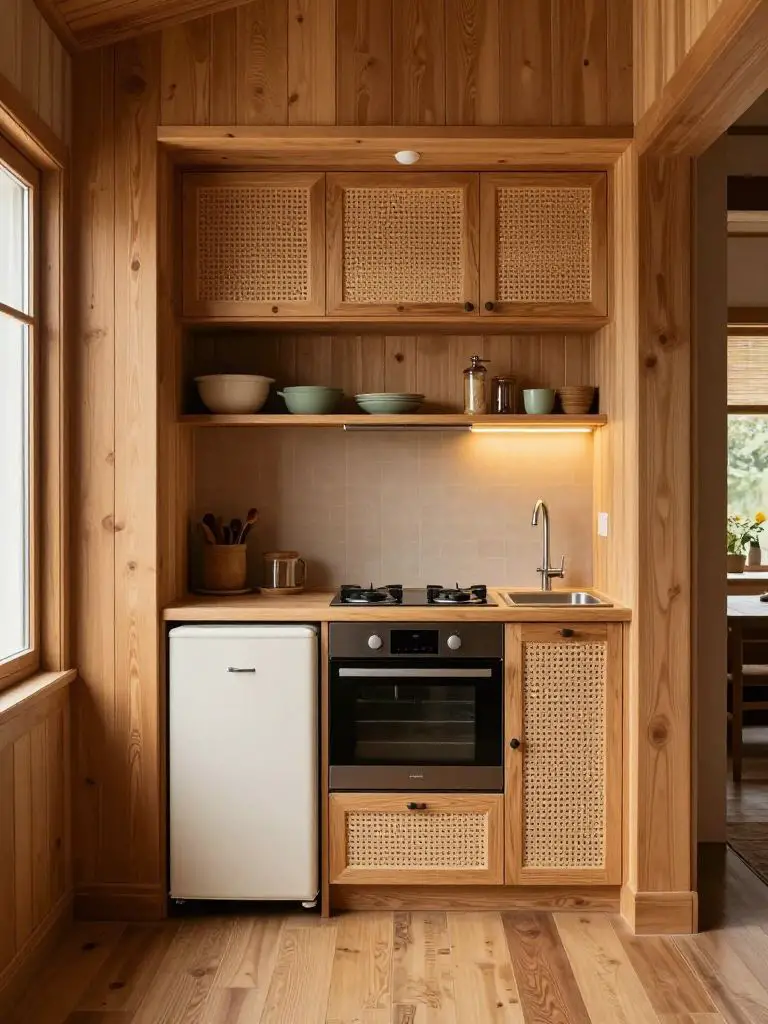A warm wood micro kitchen nook designed in Modern Rustic style featuring compact cabinetry in natural pine with woven cane cabinet inserts.