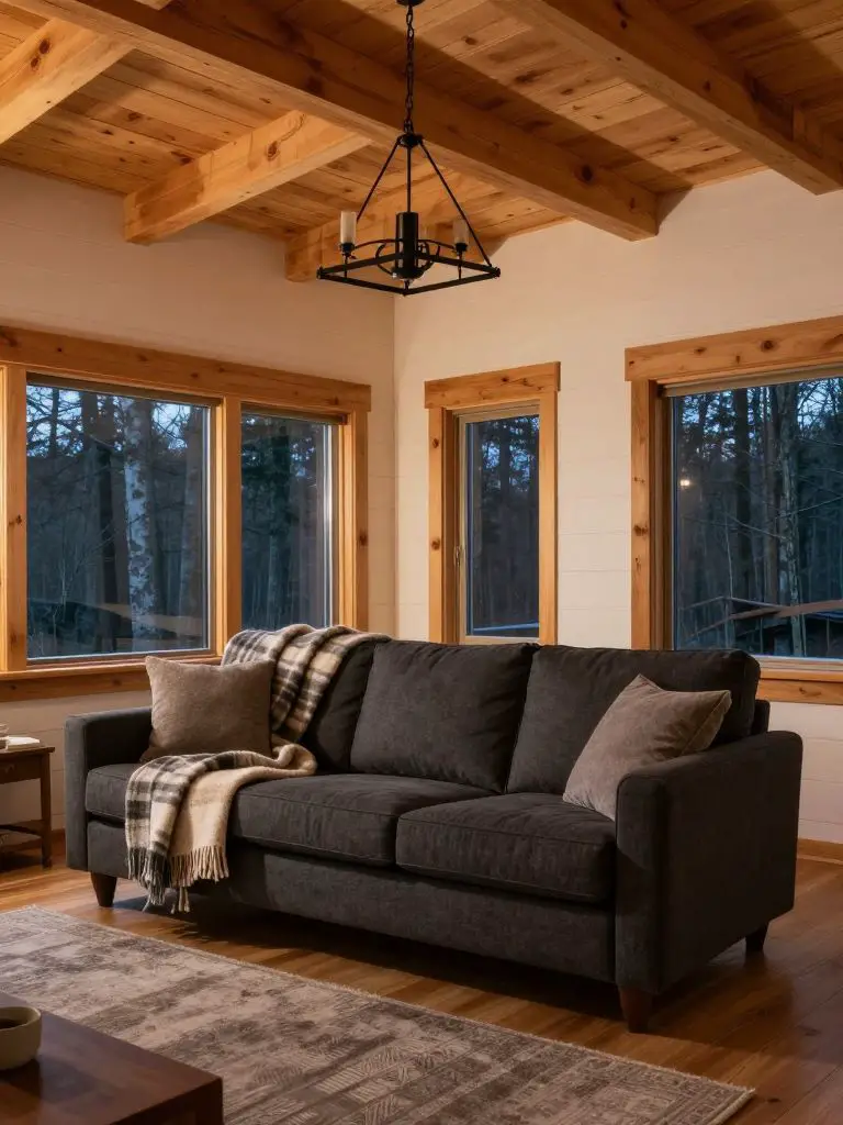 A warm wood-paneled mountain cabin living room styled for cozy evening ambiance.
