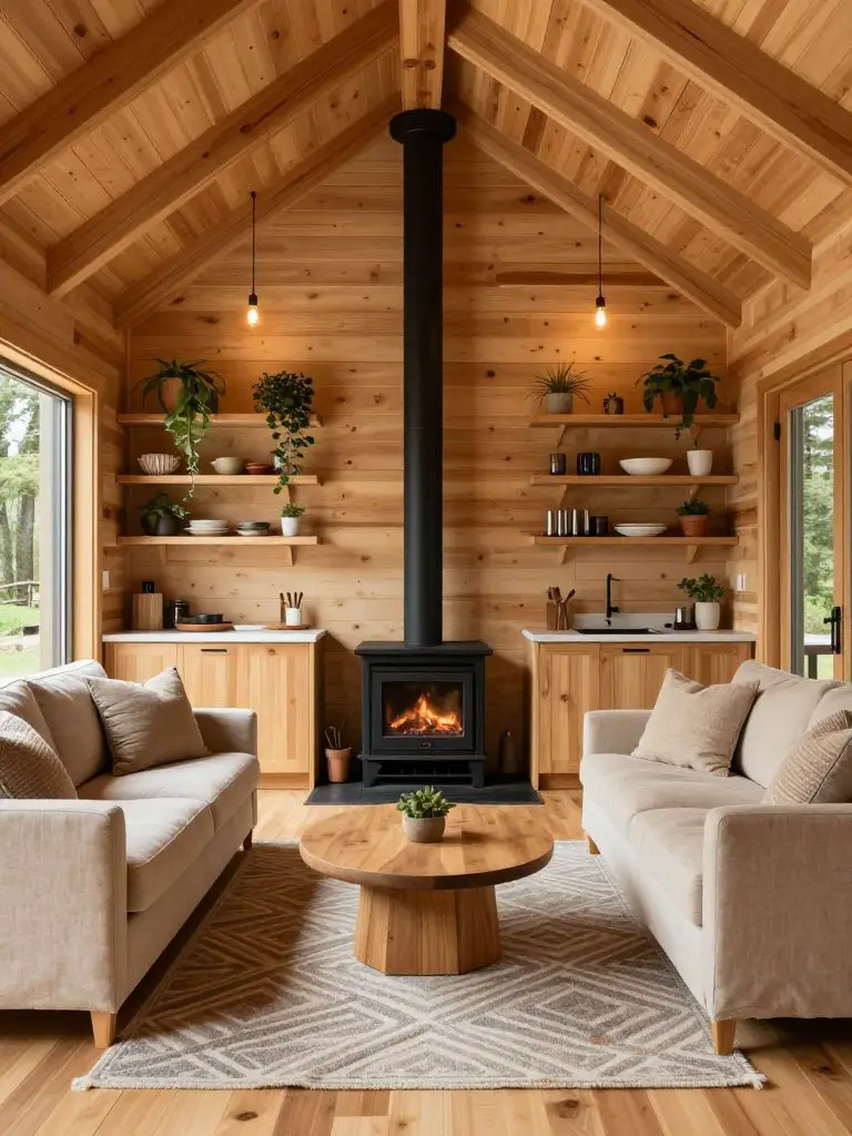 A warm wood tiny cabin living room featuring vaulted pine ceilings and vertical plank walls in a Modern Rustic style.