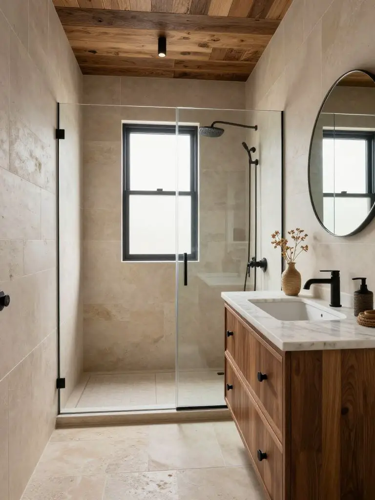 A compact modern rustic bathroom featuring a warm walnut vanity with shaker-style drawers and a thick marble countertop.