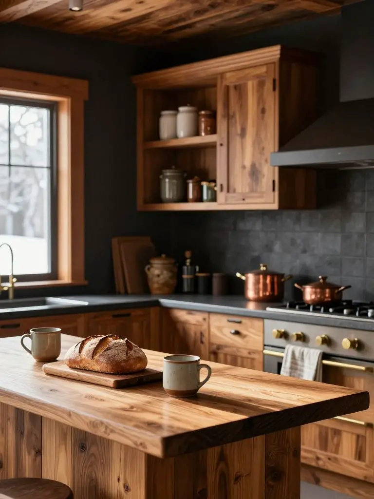 A warm wooden winter cabin kitchen styled in modern rustic farmhouse design, featuring reclaimed wood cabinetry in deep honey oak and open f.
