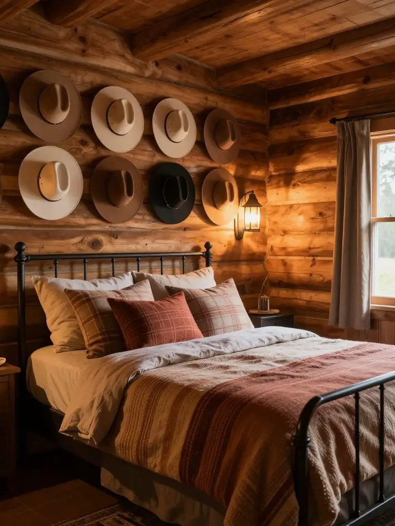A Western-inspired mountain cabin bedroom featuring horizontal log walls in warm honey pine as the backdrop.