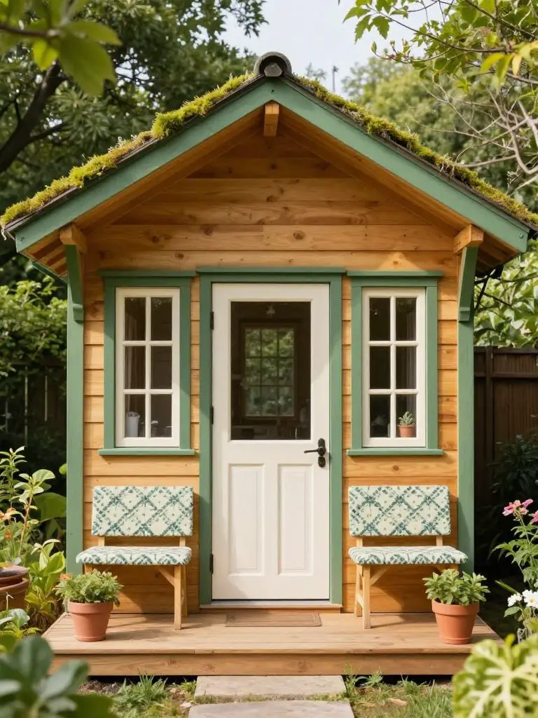 A whimsical garden-style small cabin idea with natural wood siding and a mossy green trim roof, set within a lush backyard landscape.