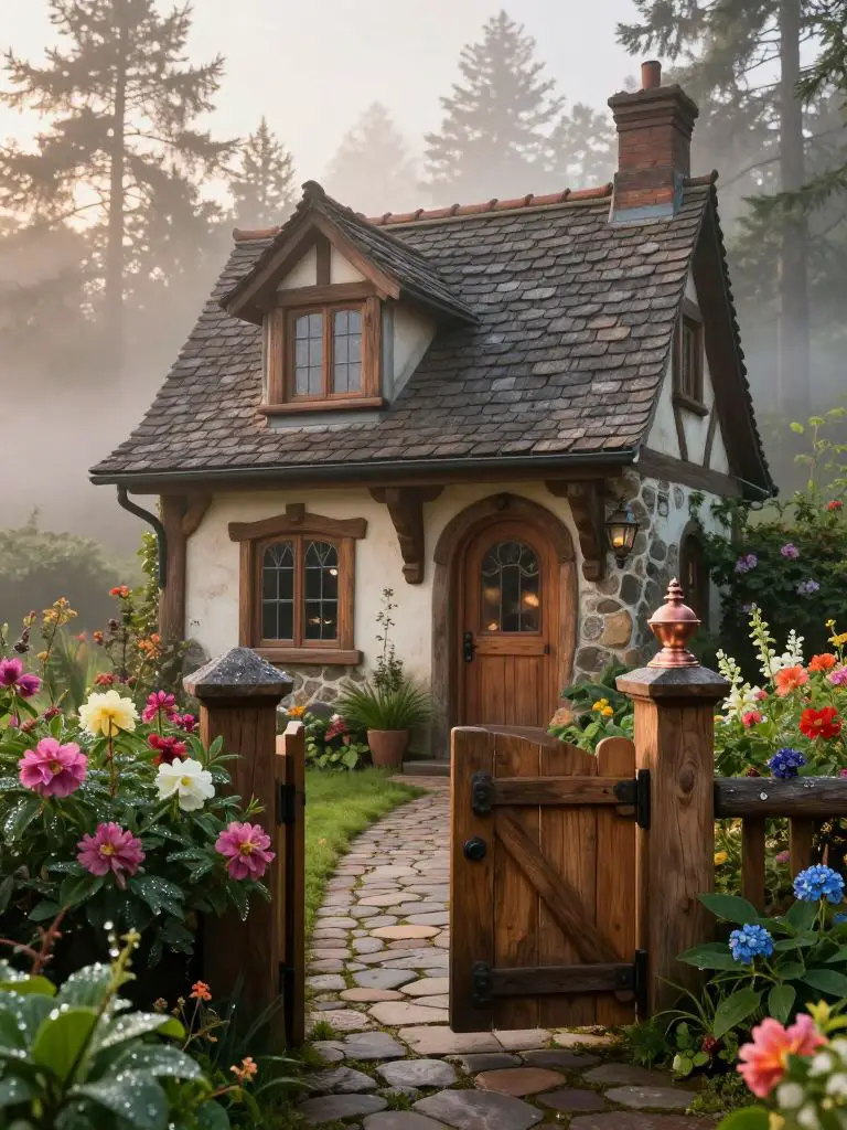 Showcase a whimsical storybook residence nestled at the edge of a misty woodland clearing at dawn, its rounded dormer windows and steep, han.