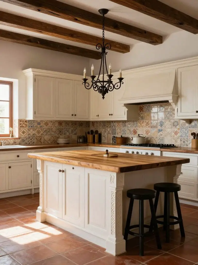 An elegant Mexican Hacienda kitchen with a carved white wood island at the center, topped with a thick butcher block countertop in warm hone.