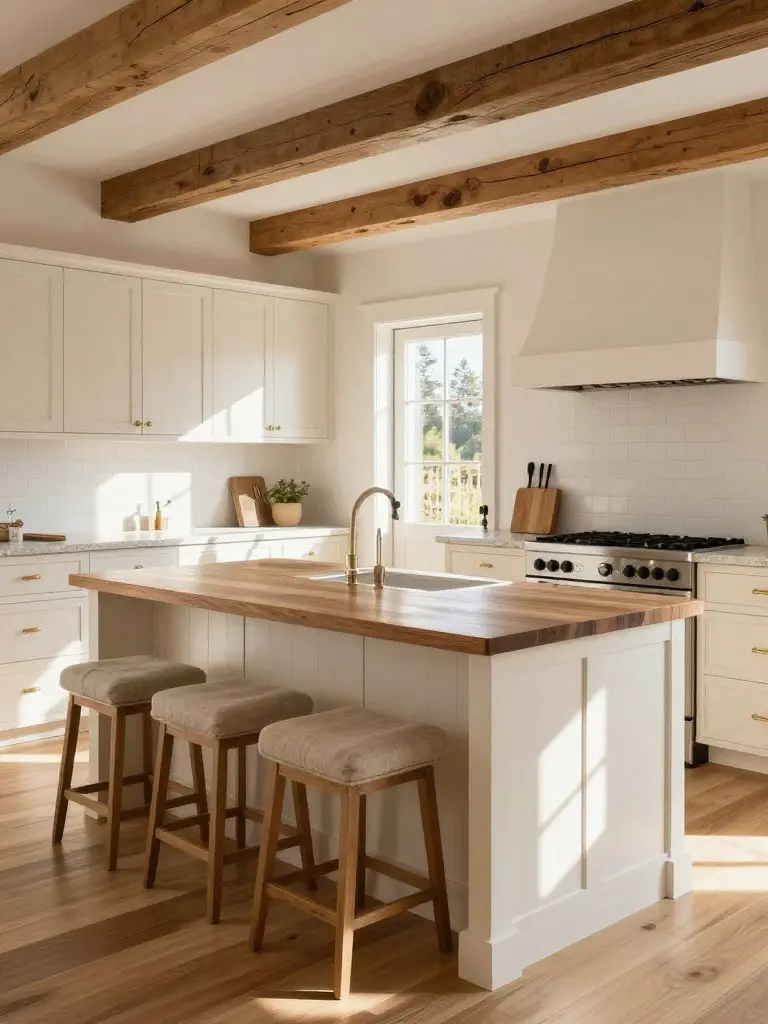 A bright mountain cottage kitchen blending Rustic Farmhouse and Warm Minimalist aesthetics.