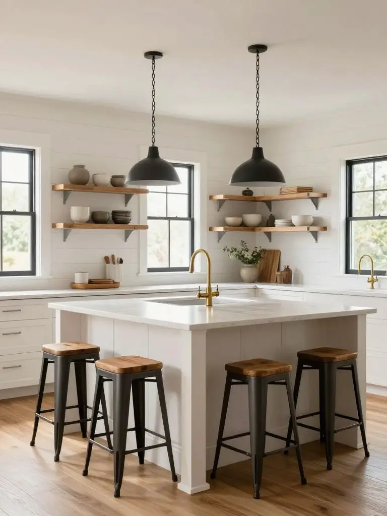 A bright modern rustic kitchen with white horizontal shiplap walls, a large white island, and four industrial-style bar stools with dark met.