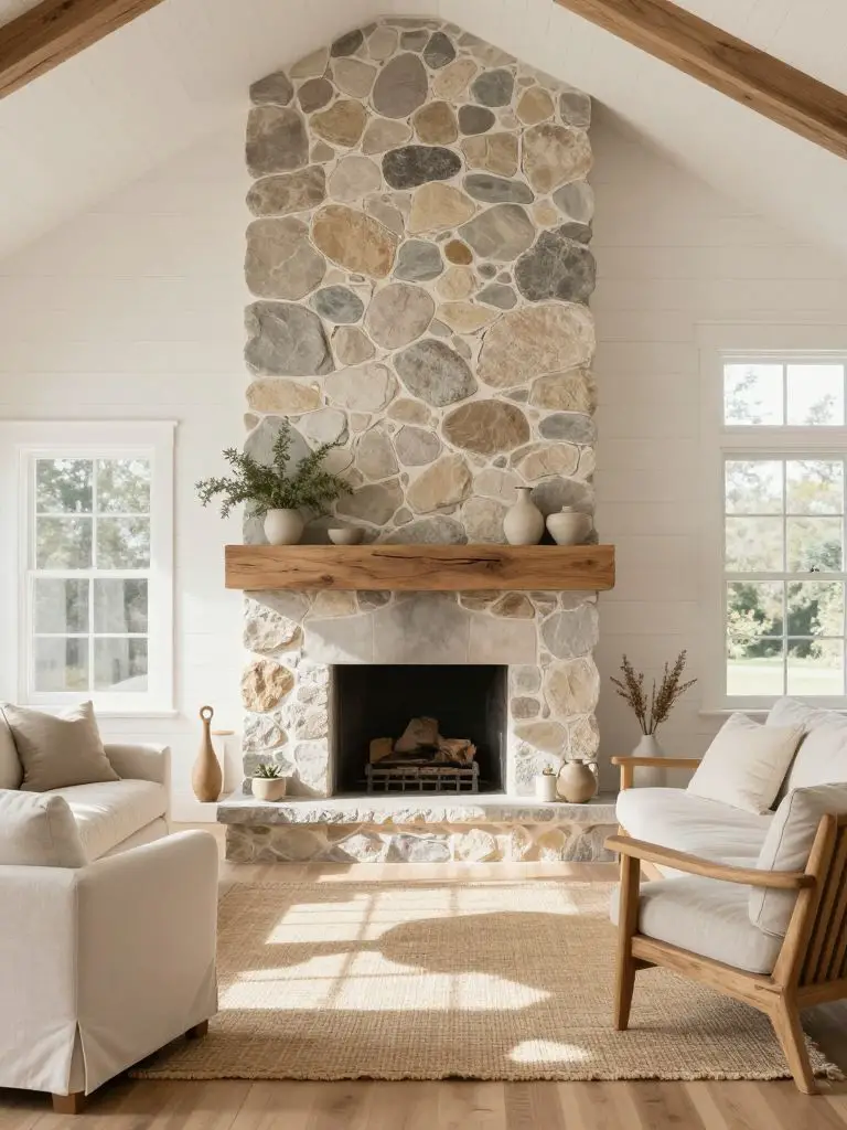 A bright modern rustic living room featuring white horizontal shiplap walls and a tall river rock fireplace that extends to the vaulted ceil.
