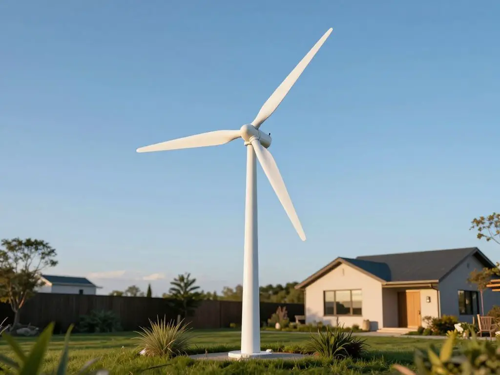photography of a small residential wind turbine installed in a spacious backyard setting, white three-blade turbine against clear blue sky.