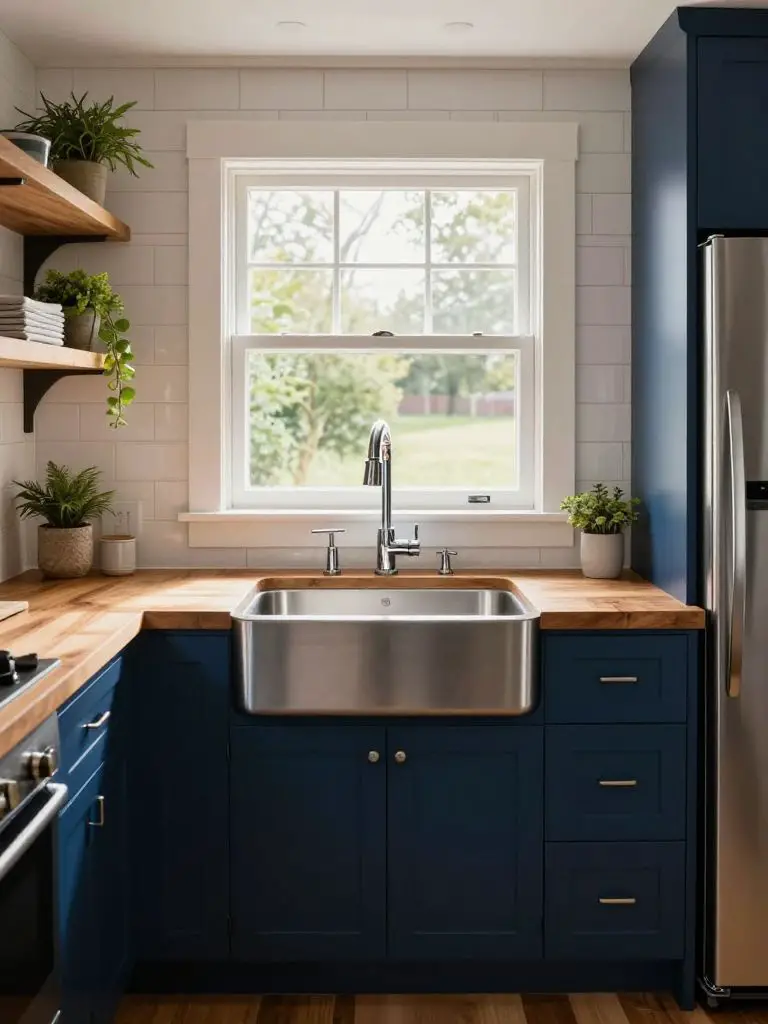 A window-centered tiny home kitchen featuring a deep stainless farmhouse sink set into a warm butcher block countertop beneath a wide rectan.