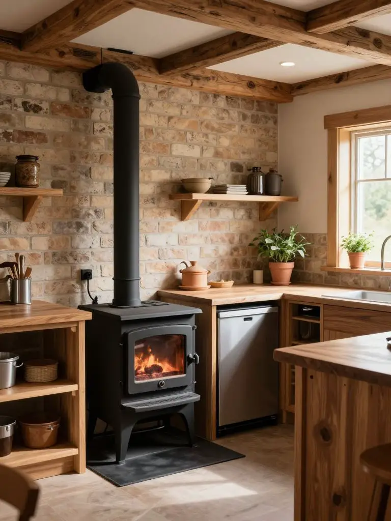 A cozy wood-burning stove kitchen designed for off-grid living.