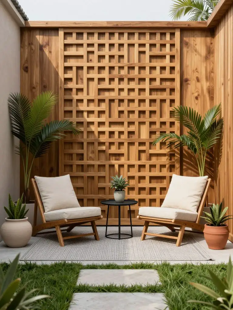 A compact small backyard corner featuring a modern wooden lattice privacy wall in Warm Minimalist style.